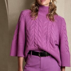 Banana Republic Cavo Flare-Sleeve Cropped Sweater Sz M Cable Knit Purple Dawn.